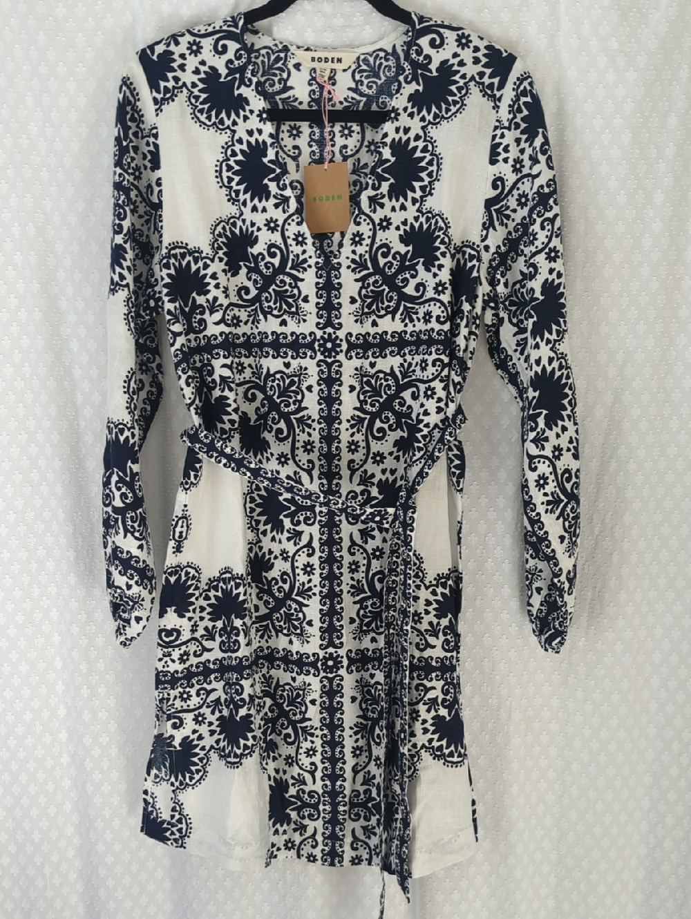Boden 100% Linen V Neck Tie Waist Mini Kaftan Black & White Size 6L NWT